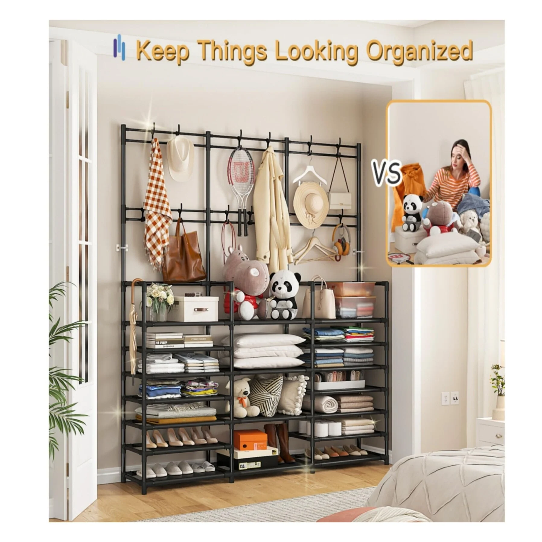 7-Tier 73.5'' H Metal Hall Tree with 12 Hooks, Coat & Shoe Rack for Entryway, Freestanding Coat Rack with Shelf for Small Spaces