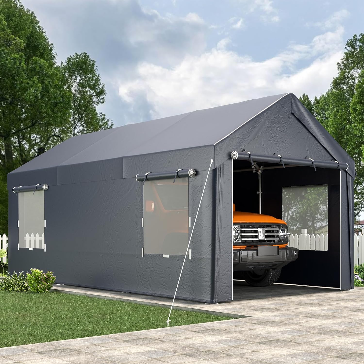 EROMMY Carport, 10x20 Ft Heavy Duty Carport with Roll-up Windows，Portable Garage with Removable Sidewalls, Car Canopy with All-Season Tarp and Sandbags for Truck, Tractor, Boat, Grey