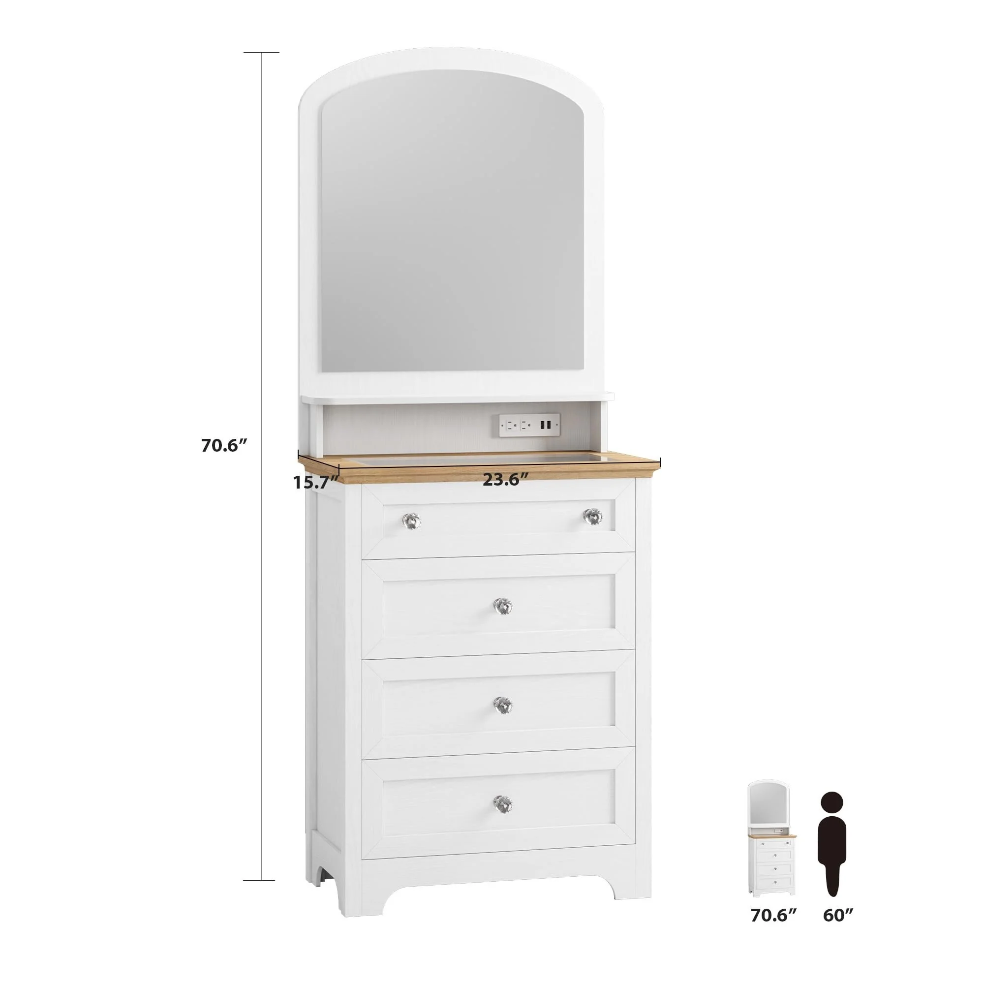Drawer Dresser with Mirror Charge Station and LED Strip,4 Drawer Cabinet with Cristal Knobs,Modern Makeup Vanity Table