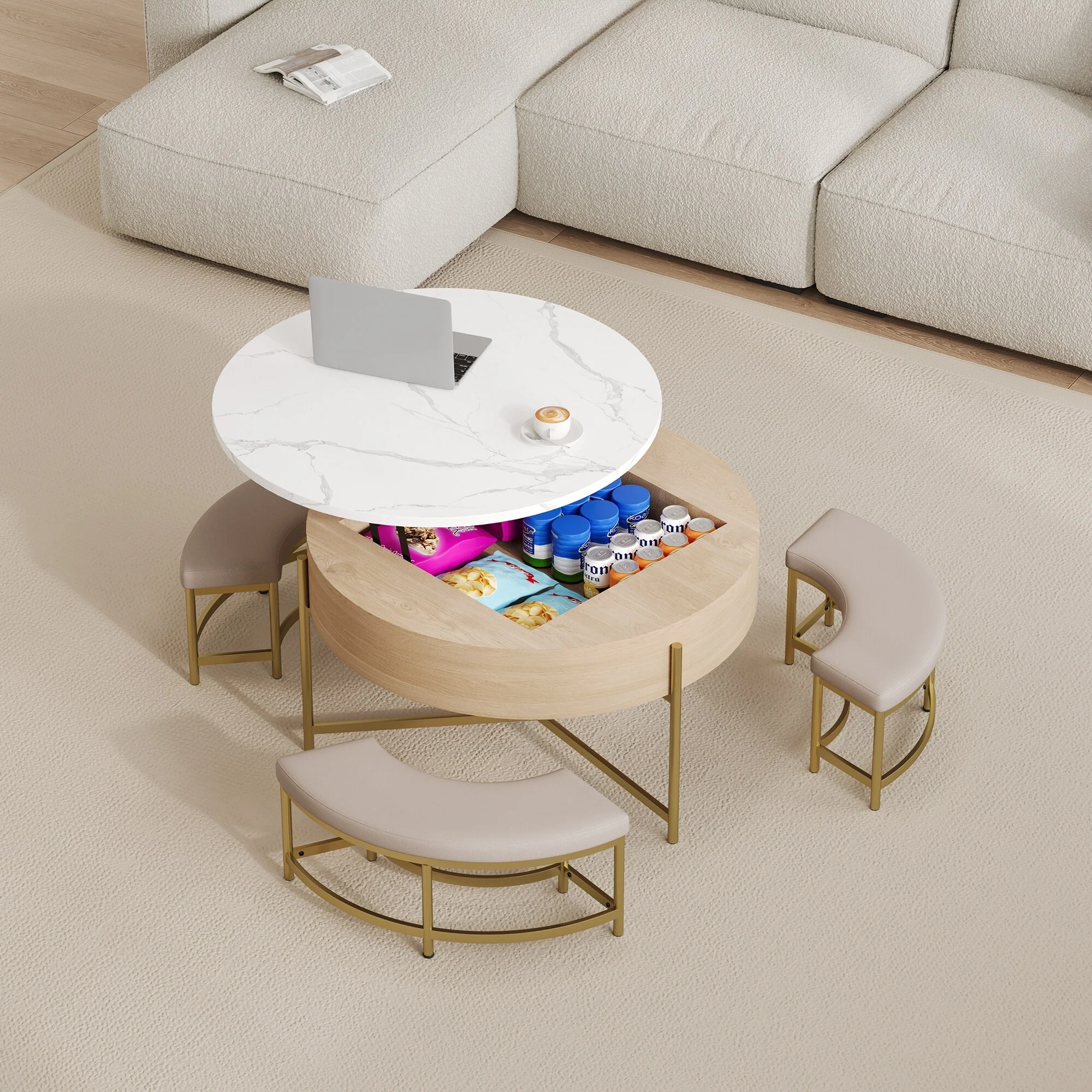 Contemporary Round Coffee Table with Lift-Top Storage‌ – Includes 3 Matching Ottomans in White & Natural Finish.