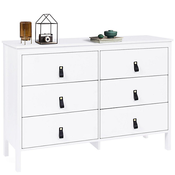 Commode 6 tiroirs MILANO 115 cm bois blanc avec poignée languette noire
