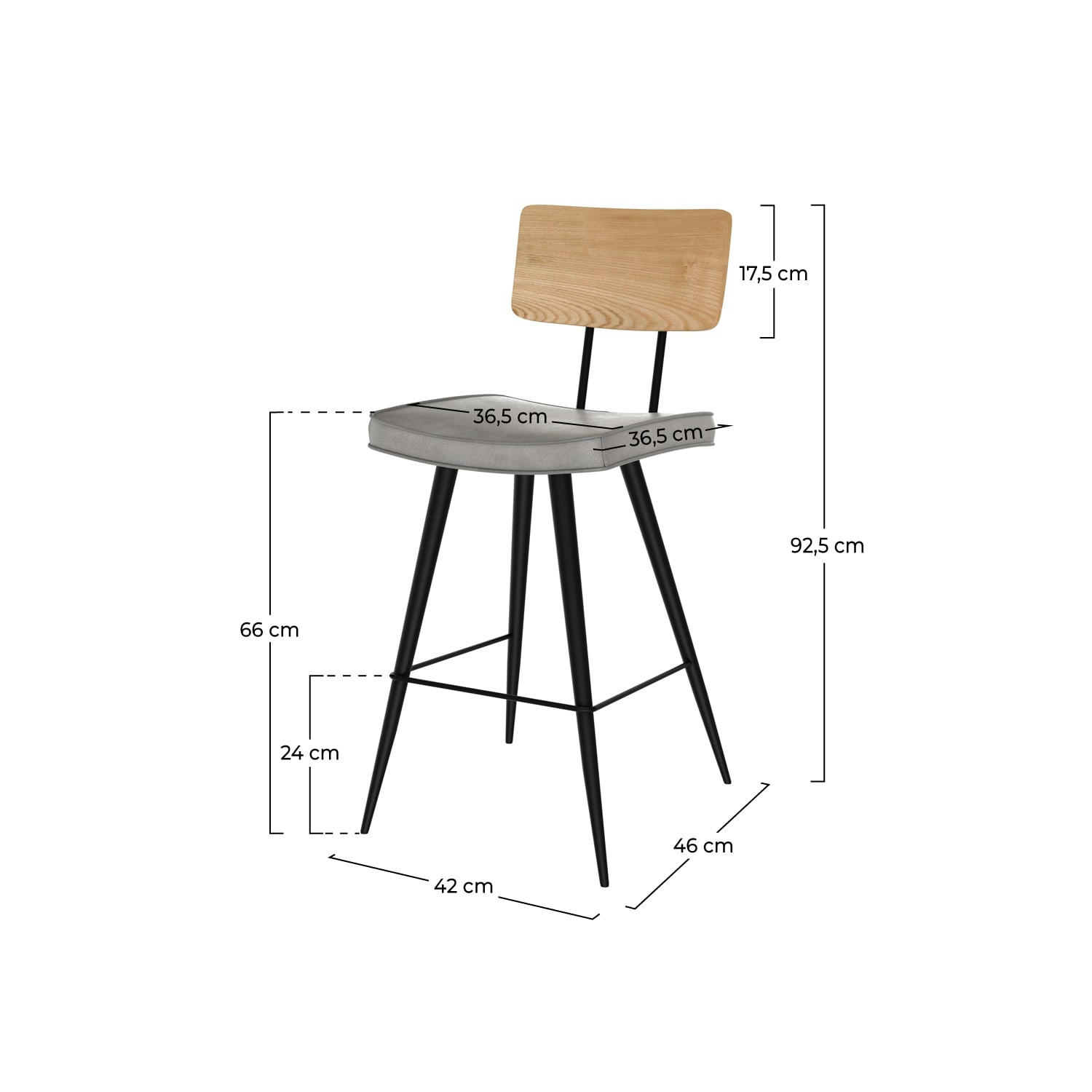 TEXAS - Chaise de bar mi-hauteur en bois clair et grise/ bois 66 cm (lot de 2)