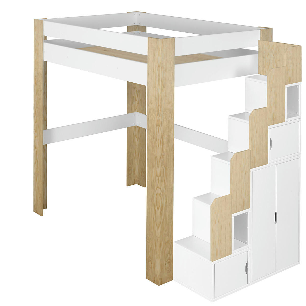 ALEX - Lit mezzanine avec bureau 90x190 cm bois massif blanc et bois