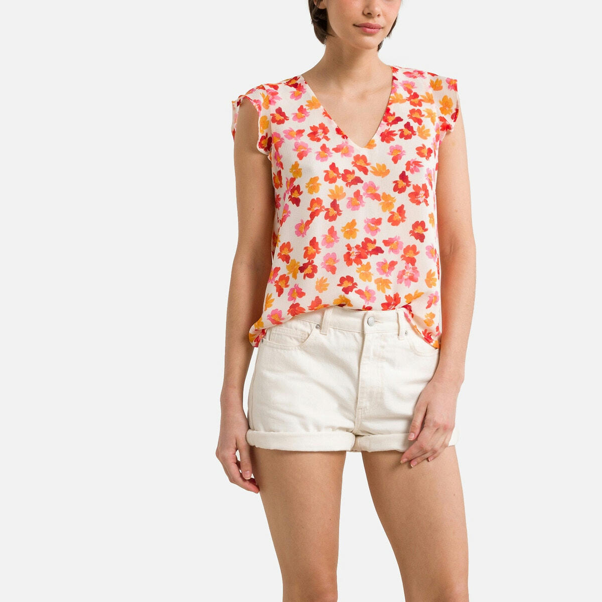 Blouse col v, sans manches, imprimée