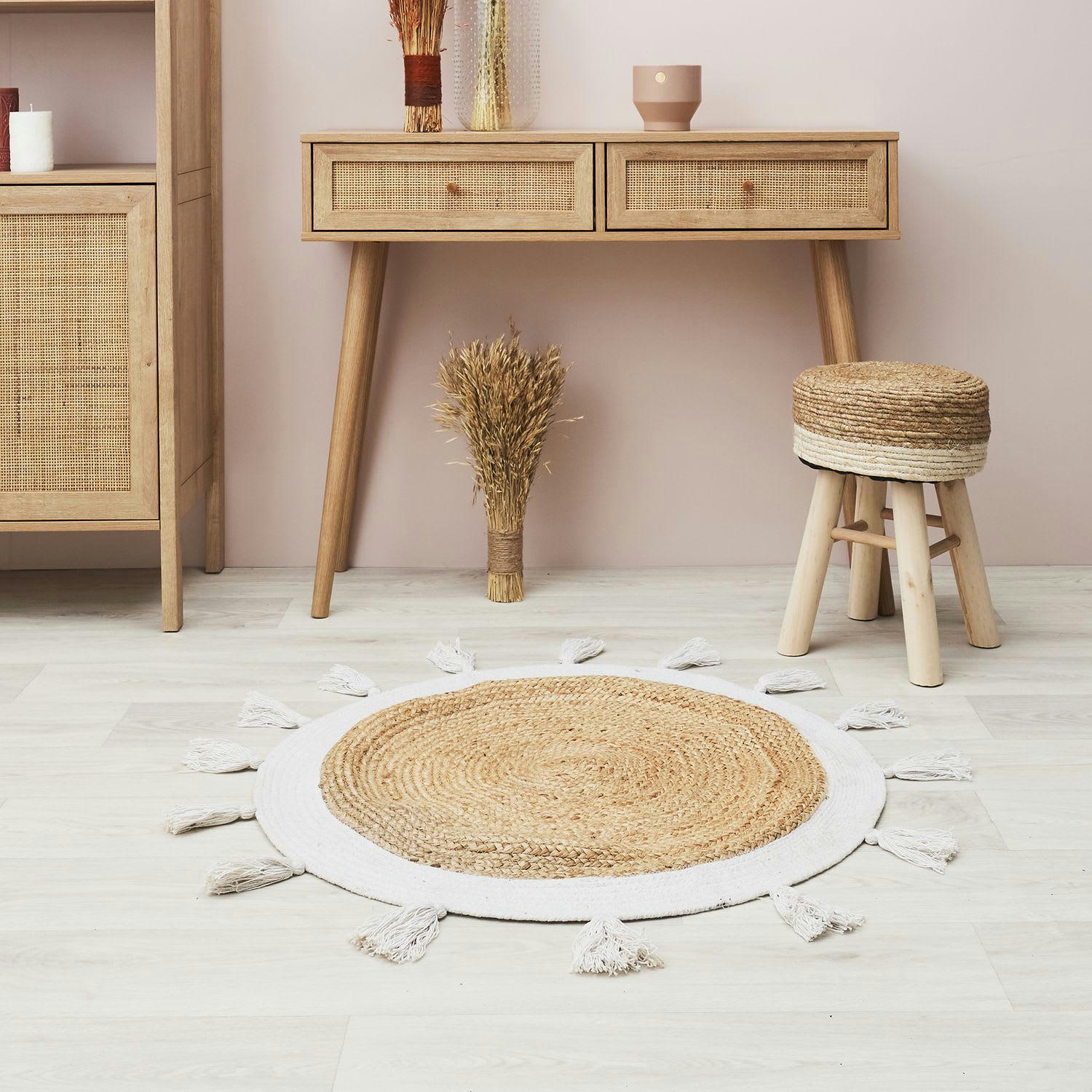 - Tapis rond à pompons en jute d. 90 cm blanc