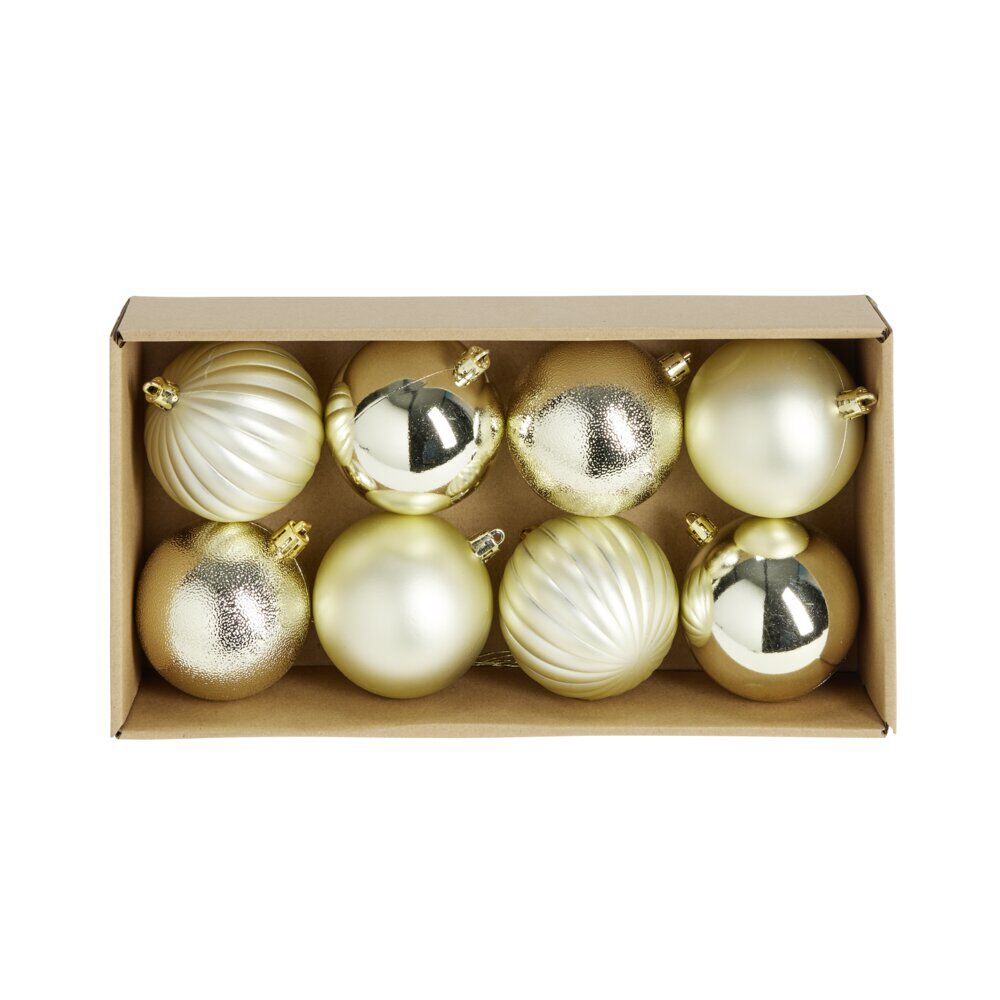 Boule de No&euml;l plastique doré x8 forme assortie Ø9cm