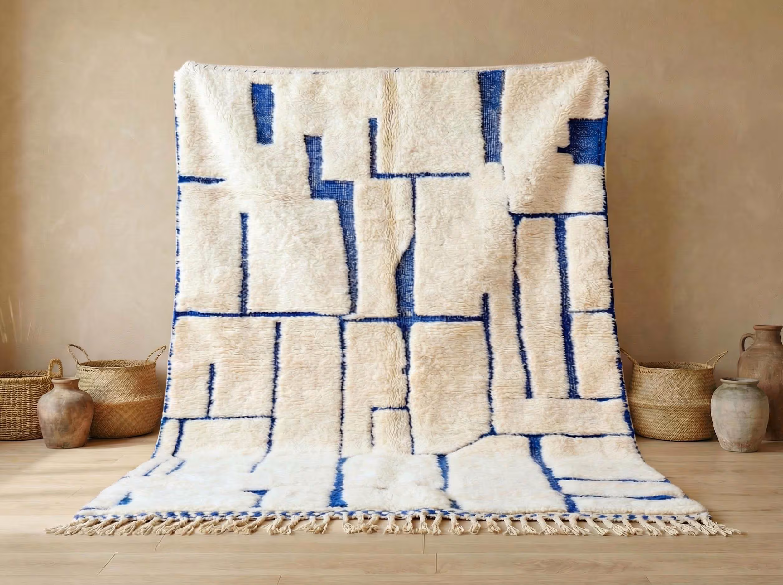 Handmade Beni Ourain Wool Rug – Ivory Berber Carpet, Blue Geometric Design