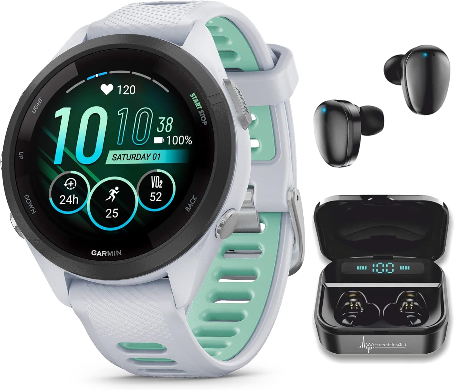 Wearable4U Garmin Forerunner 265S Music GPS Running 42 mm Smartwatch  Whitestone with AMOLED 1.1in Touchscreen Display Black Earbuds Bundle