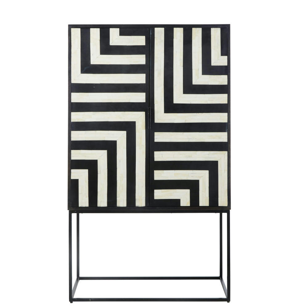 Neo - Cabinet de rangement 2 portes en marqueterie d'os noir et écru