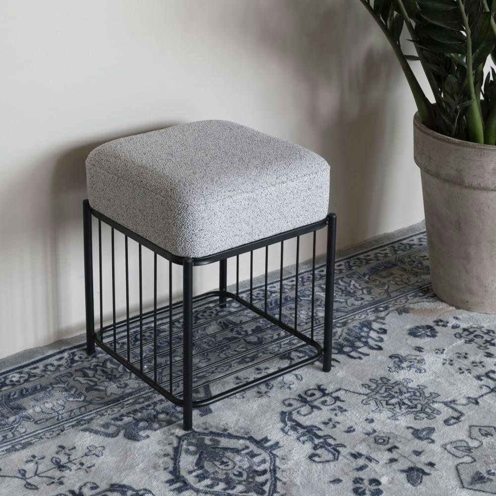 MILOU - Tabouret carré en tissu et métal blanc