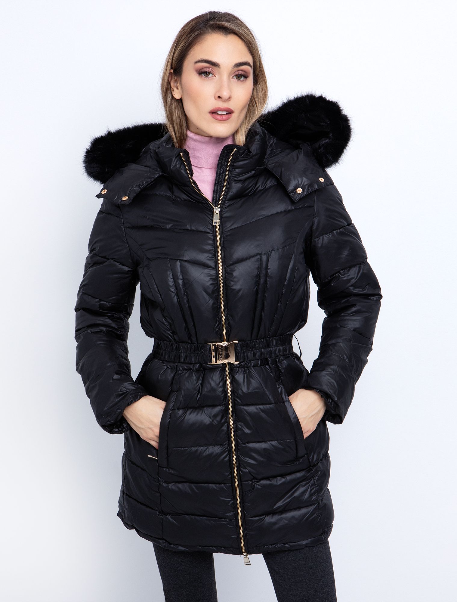 Καπιτονέ μπουφάν με κουκούλα & ζώνη