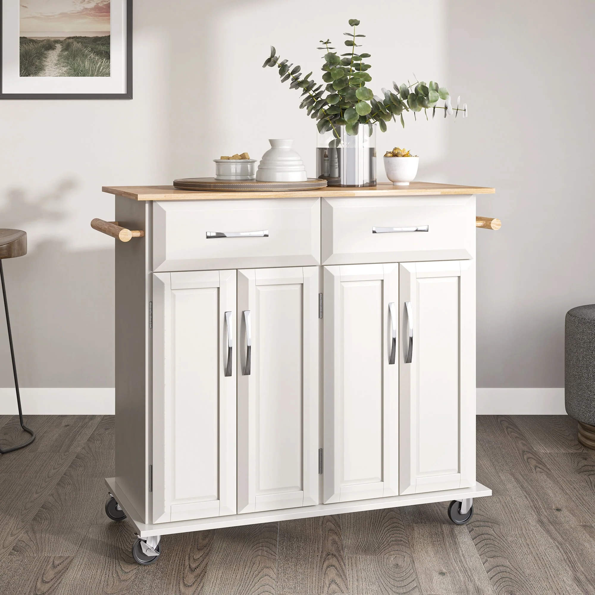 BELLEZE White Wood Kitchen Cart Rolling & Island Storage w/ Handle