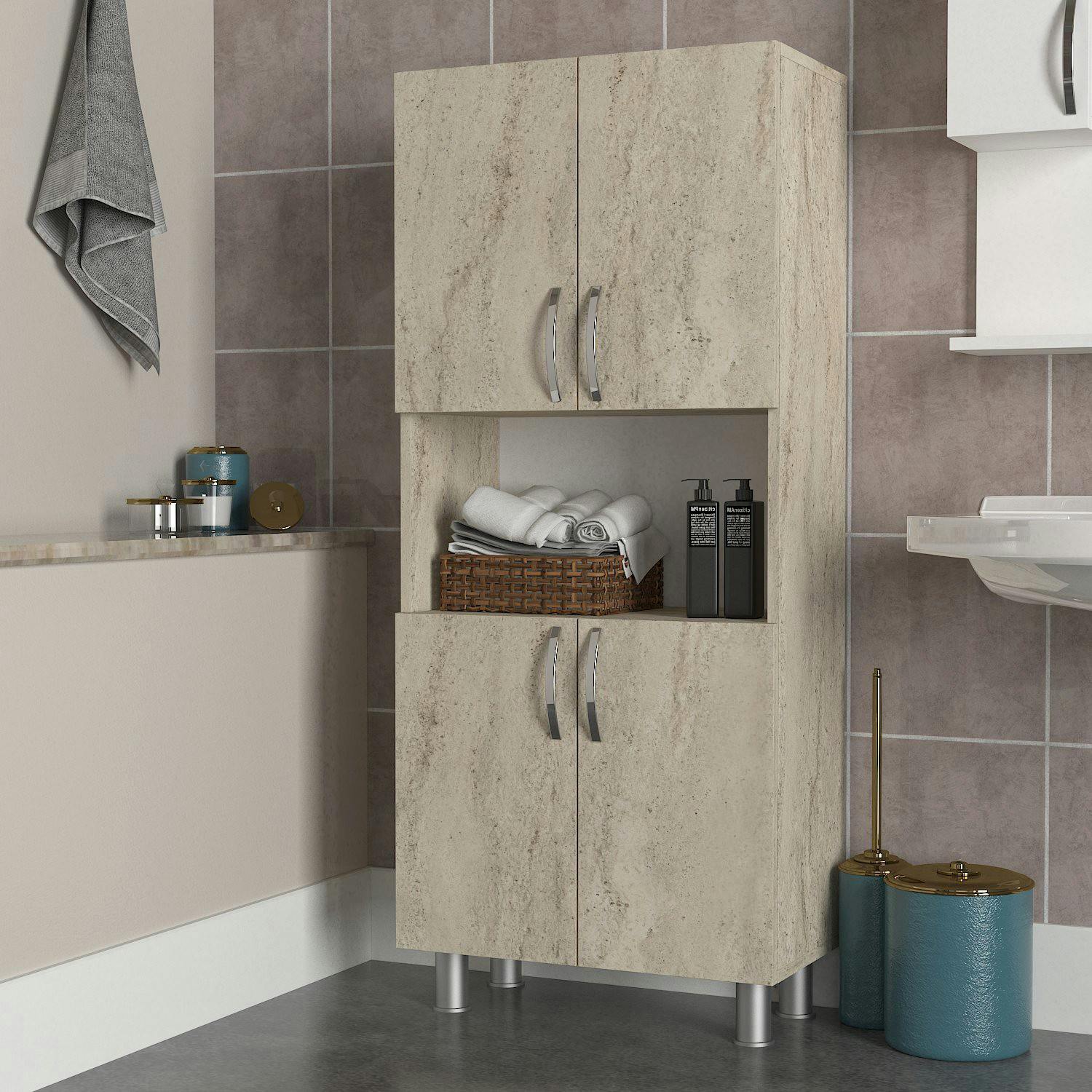 Meuble salle de bains effet travertin, 4 portes 1 niche JENA