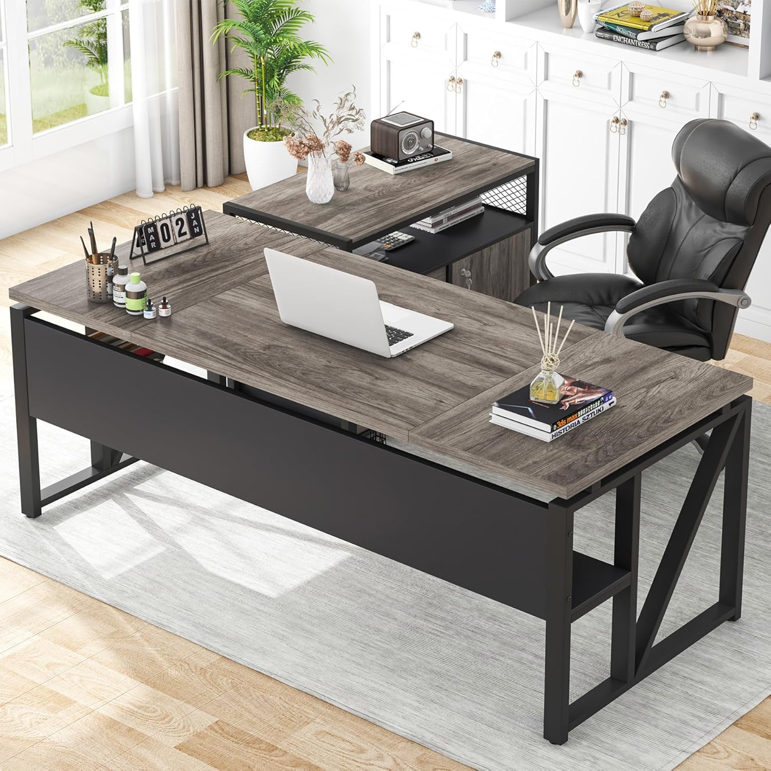 Tribesigns L Shaped Desk with Drawer Cabinet, 63 Executive Computer Desk and lateral File Cabinet, 2 Piece Home Office Furniture with Drawers for Hanging File, Doors with Locks (Gray, 63 inches)