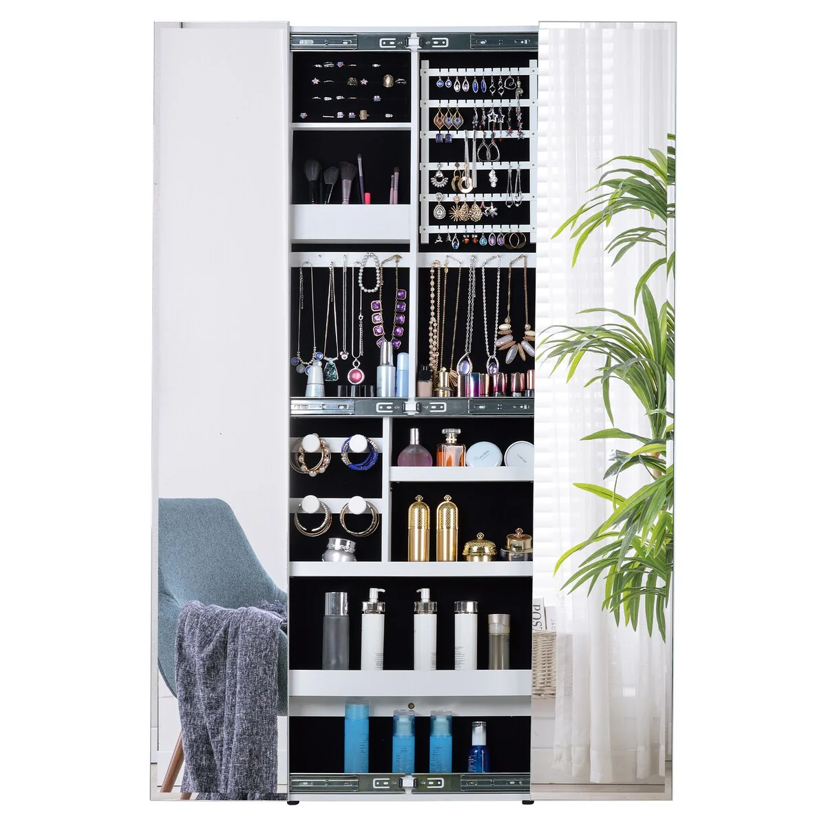 Full Mirror Standing Two Doors Fashion Lxury Jewelry Storage Cabinet