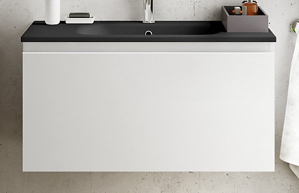 Meuble vasque suspendu blanc mat l.90 cm   plan vasque noir mat résine, Pura