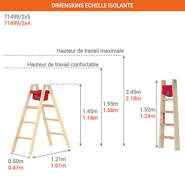 Escabeau bois 2x5 marches - Hauteur atteignable 2.45m - 71499/2X5