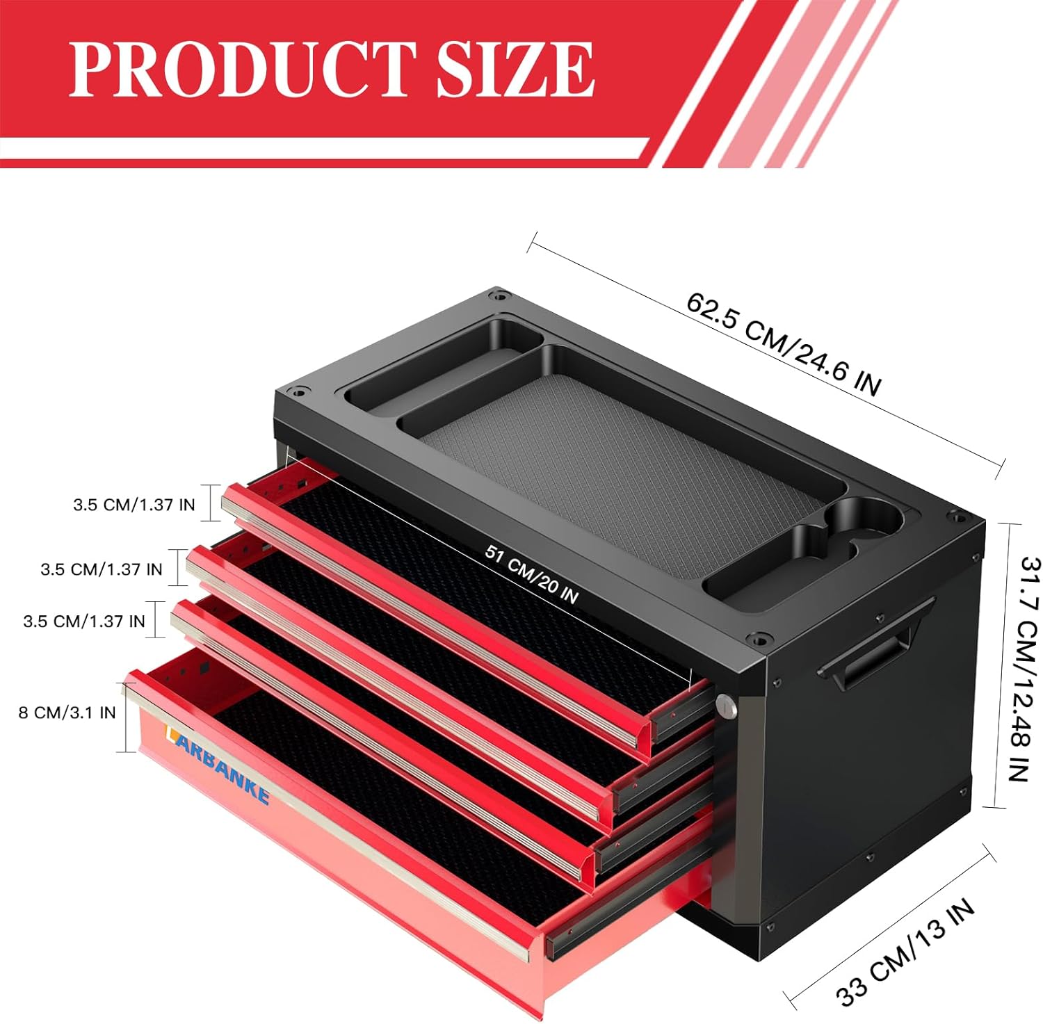 LARBANKE 4-Drawer Tool Box, Portable Tool Box with Lock&Keys,Toolbox with Waterproof and Rust-resistant Countertop,Anti-collision Corner,Special Connection Rods for Stacking with 5/7-Drawer Tool Chest