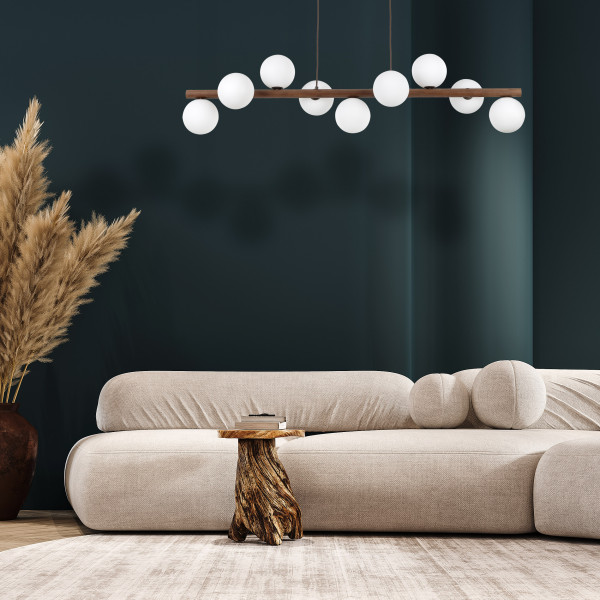 Lampa Wisząca Tk Lighting Estera Drewniana Belka 9X Klosze Białe Kulki