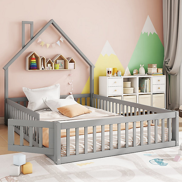 Lit Cabane 140 x 200 cm - Lit enfant Forme Cheminée - Pin   MDF - Sans Matelas - Gris