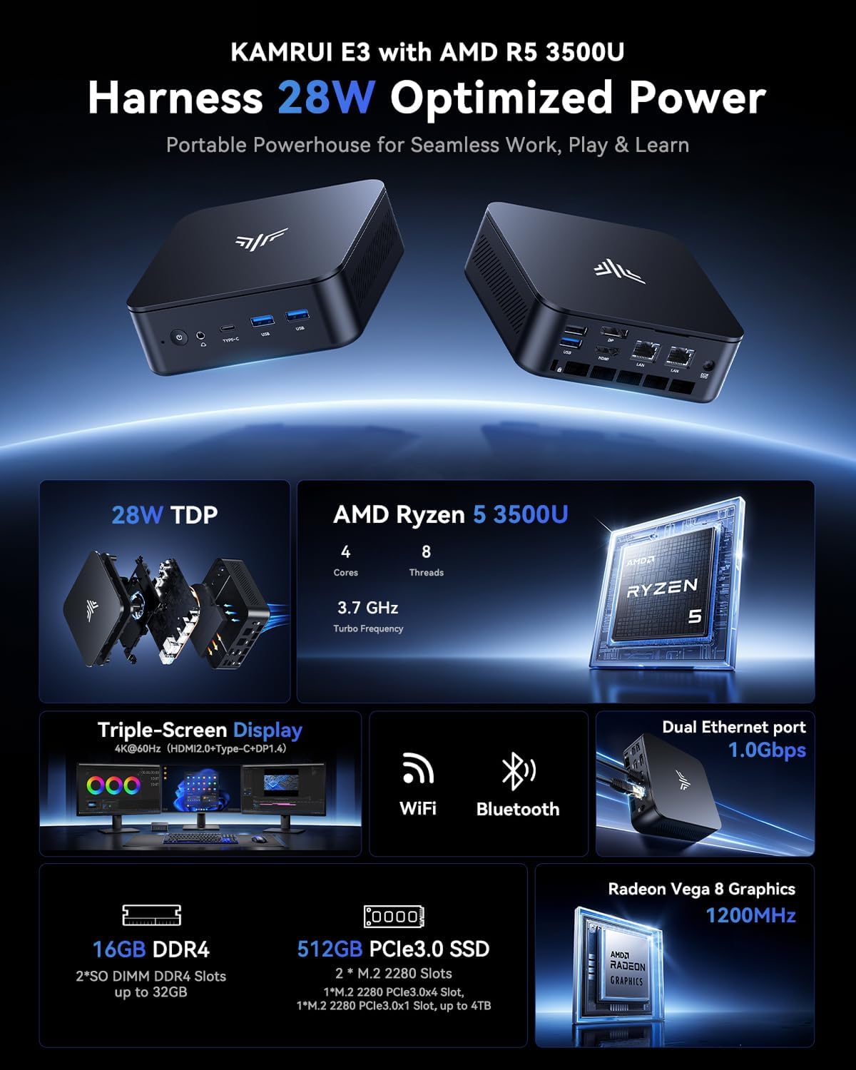 KAMRUI E3 Mini PC  W-11 Pro Ryzen 3500U Mini Computers (Beat N150/N97  up to 3.7GHz)  Mini Desktop Computer 16GB RAM 512GB SSD  Desktop PC Support 4K TYPE-C+HDMI+DP with Dual WiFi Business Home Office
