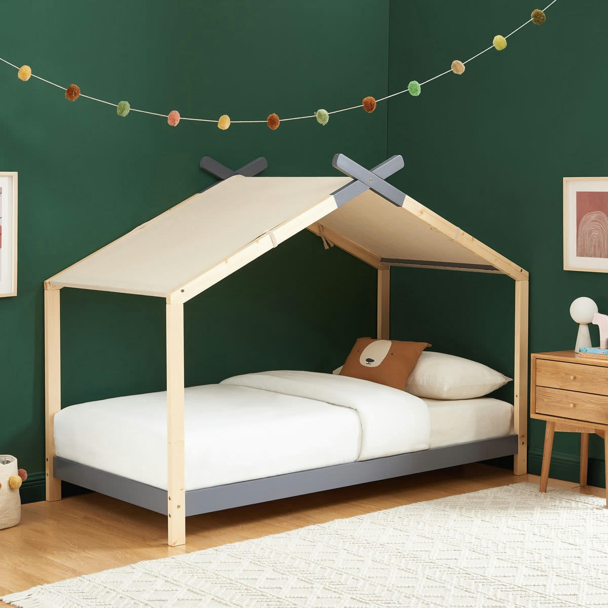 CHARLY - Ensemble lit cabane 90x190 en pin anthracite + matelas mousse