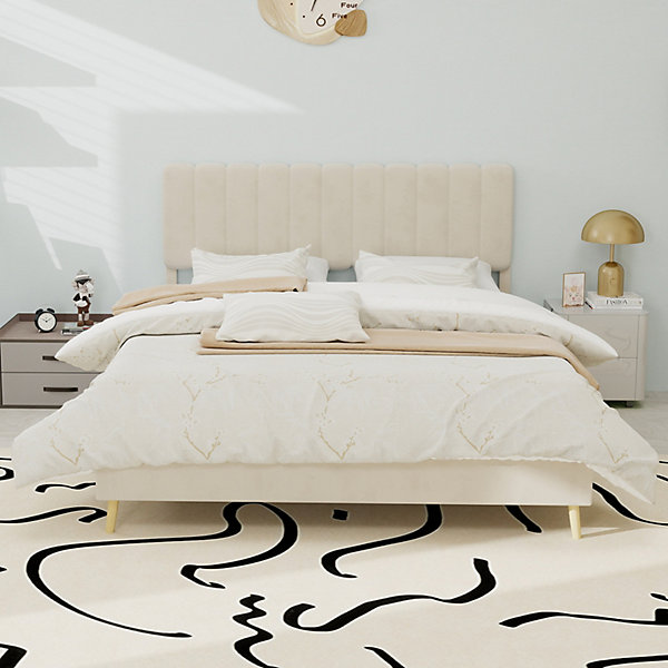 Lit Double 140x200 cm - avec Tête de Lit Douce et Base Basse Anti-Poussière, Cadre Confortable, en Velours, Beige, Sans Matelas