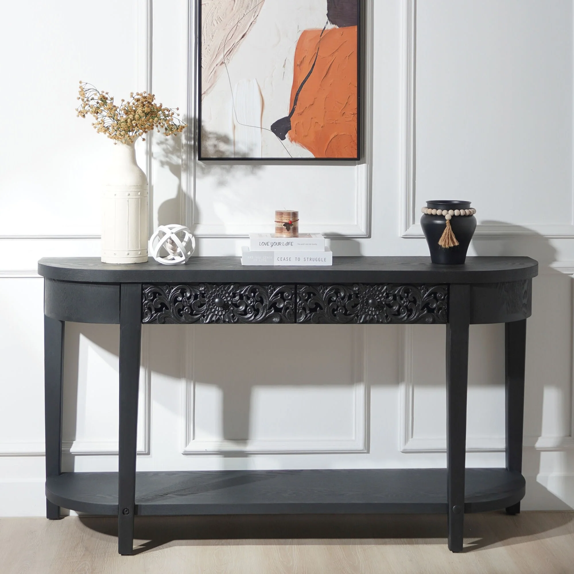 Carved Console Table Wooden Entryway Table Accent Table with Lower Storage Shelf for Living Room Hallway