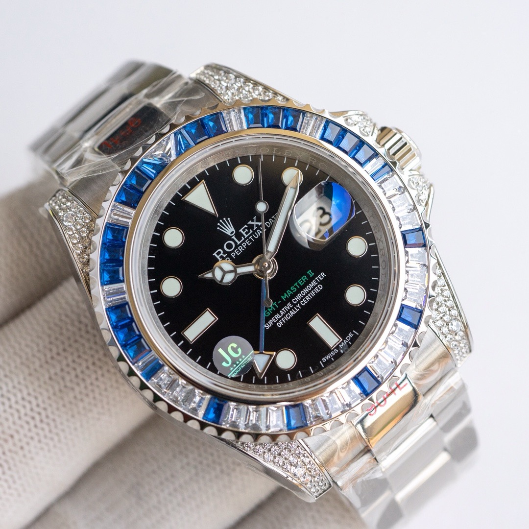 -Rolex GMT-Master II 18K White Gold Gem-Set Bezel and Case Watch -11