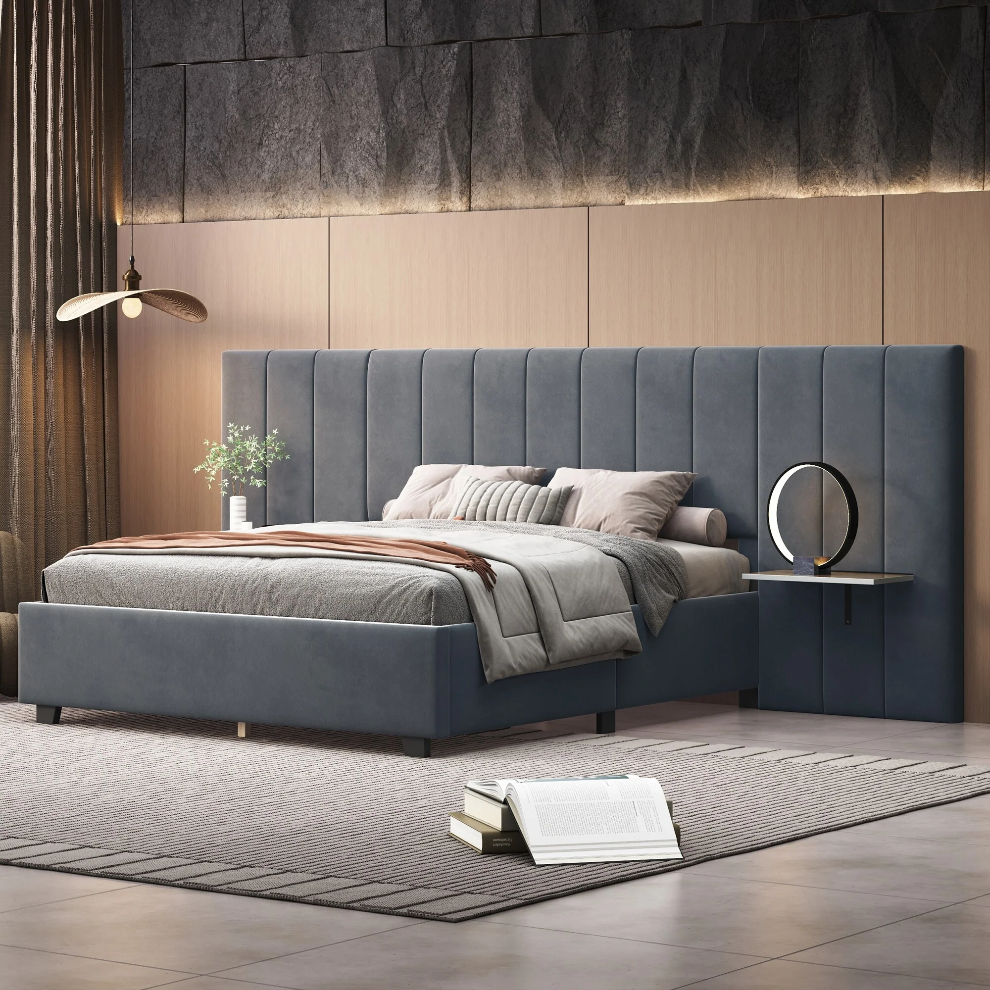Modern Velvet Platform Bed with Storage Headboard, Full/Queen Size