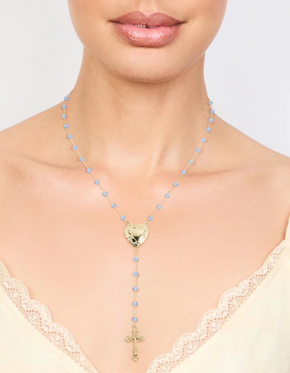 Gold Plated Blue Beaded Heart Locket & Cross Y-Necklace