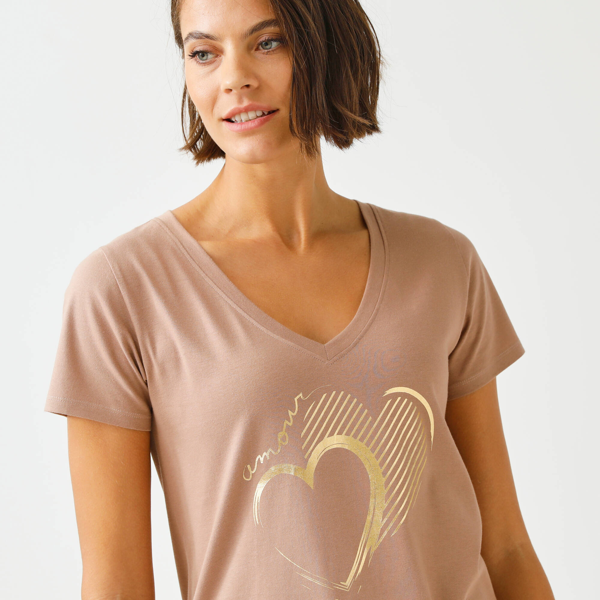 T-shirt col V imprimé doré
