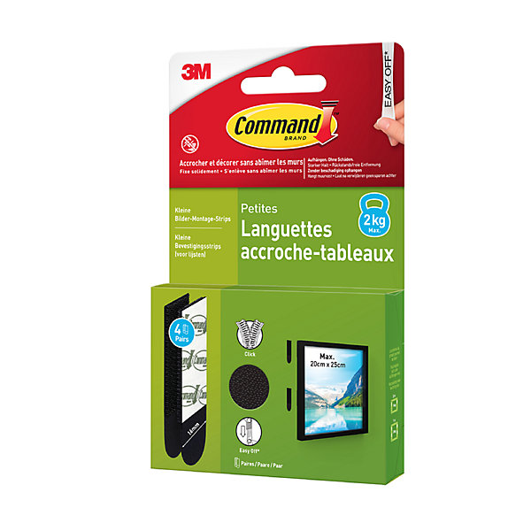 Languette adhésive accroche-tableaux petites 3M Command max 2kg - 4 paires noir