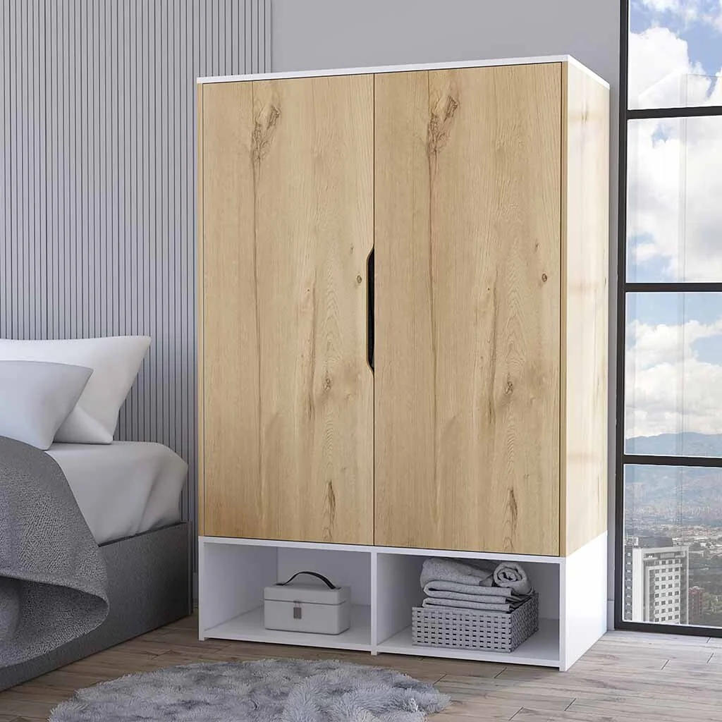 19.69 Modern Double-door Armoire with Hanging Rod, Five Internal Shelves and Two Open Shelves