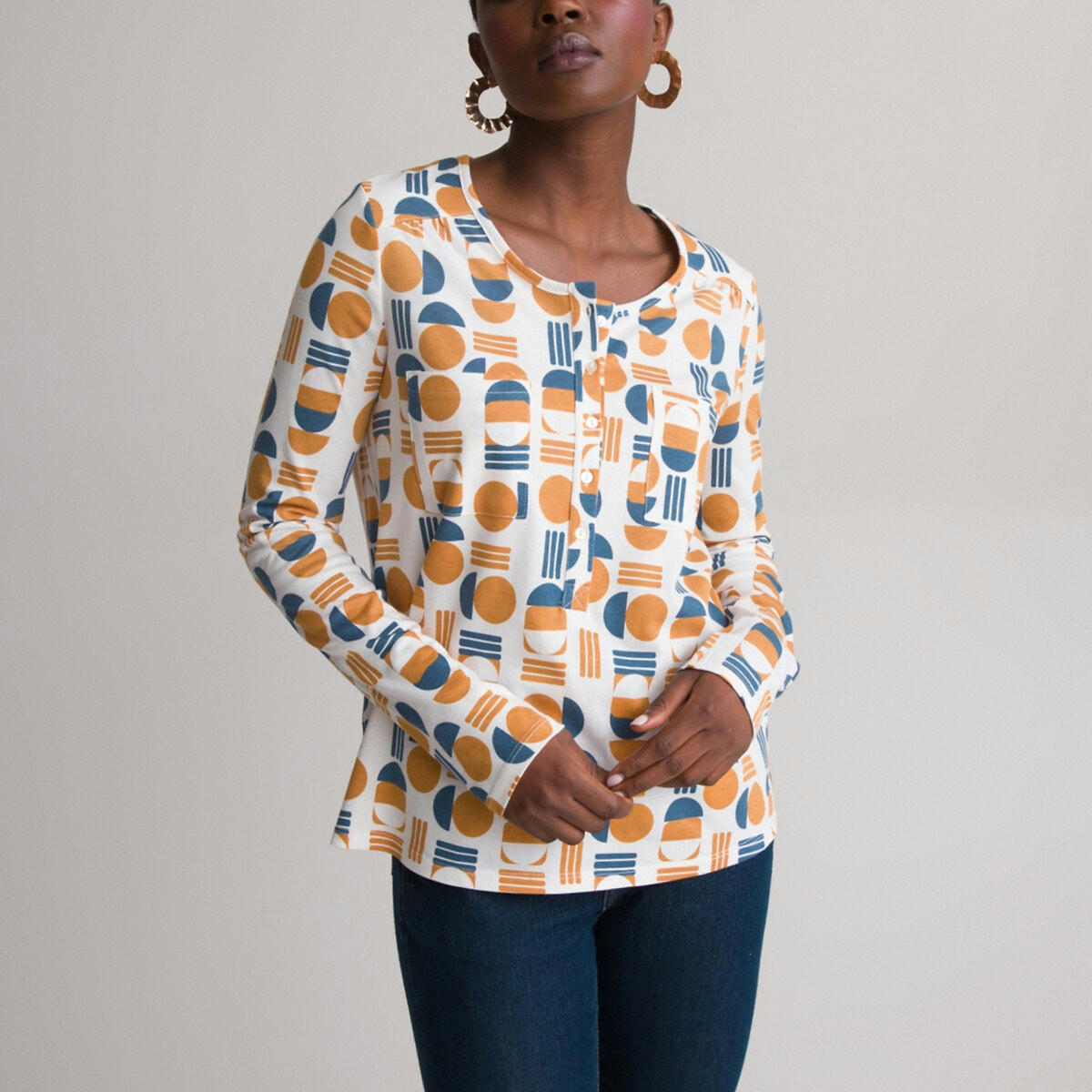 T-shirt imprimé, col rond manches longues
