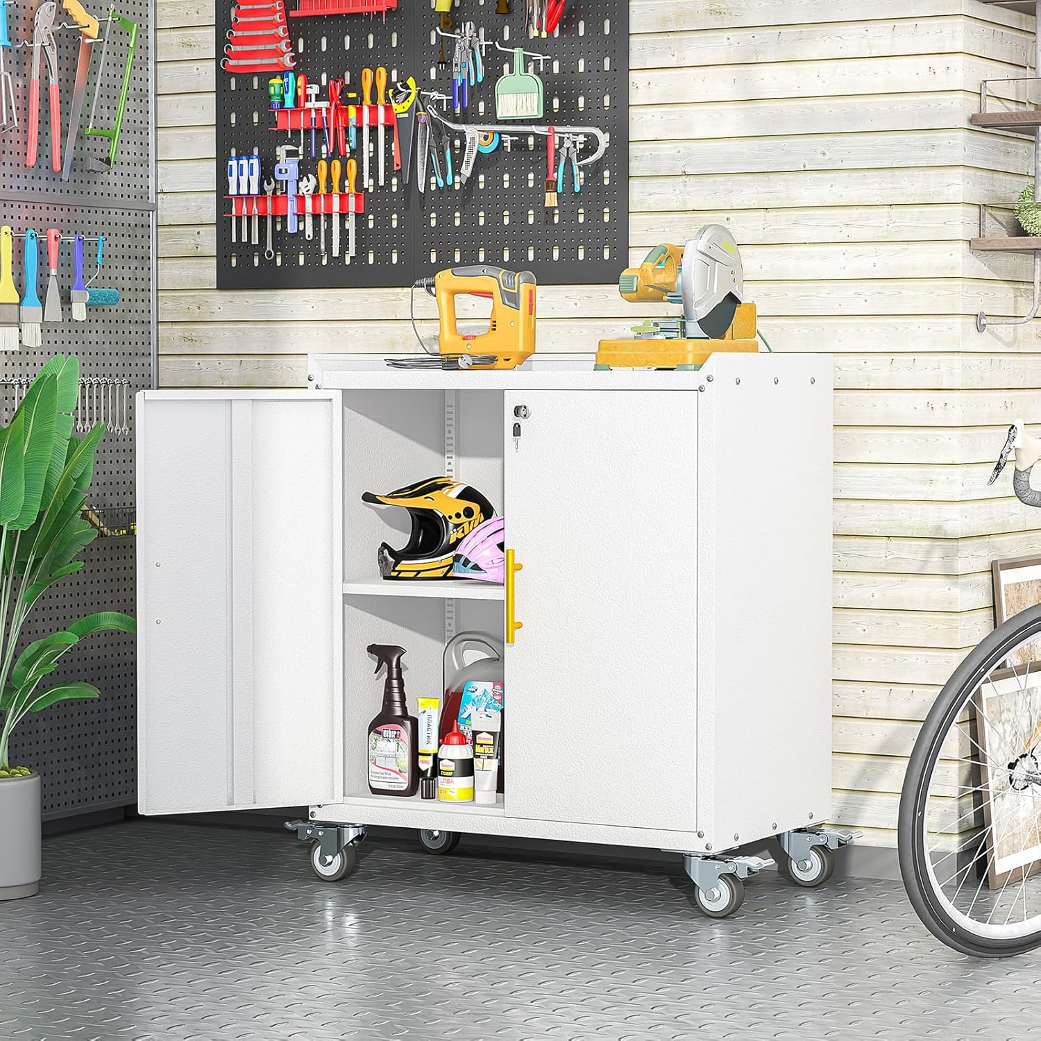 Metal Garage Storage Cabinet with Wheels, Tall Locking Cabinet with Doors and Shelves, Tool Storage Cabinets for Garage, Home Office (White,35.6 H)
