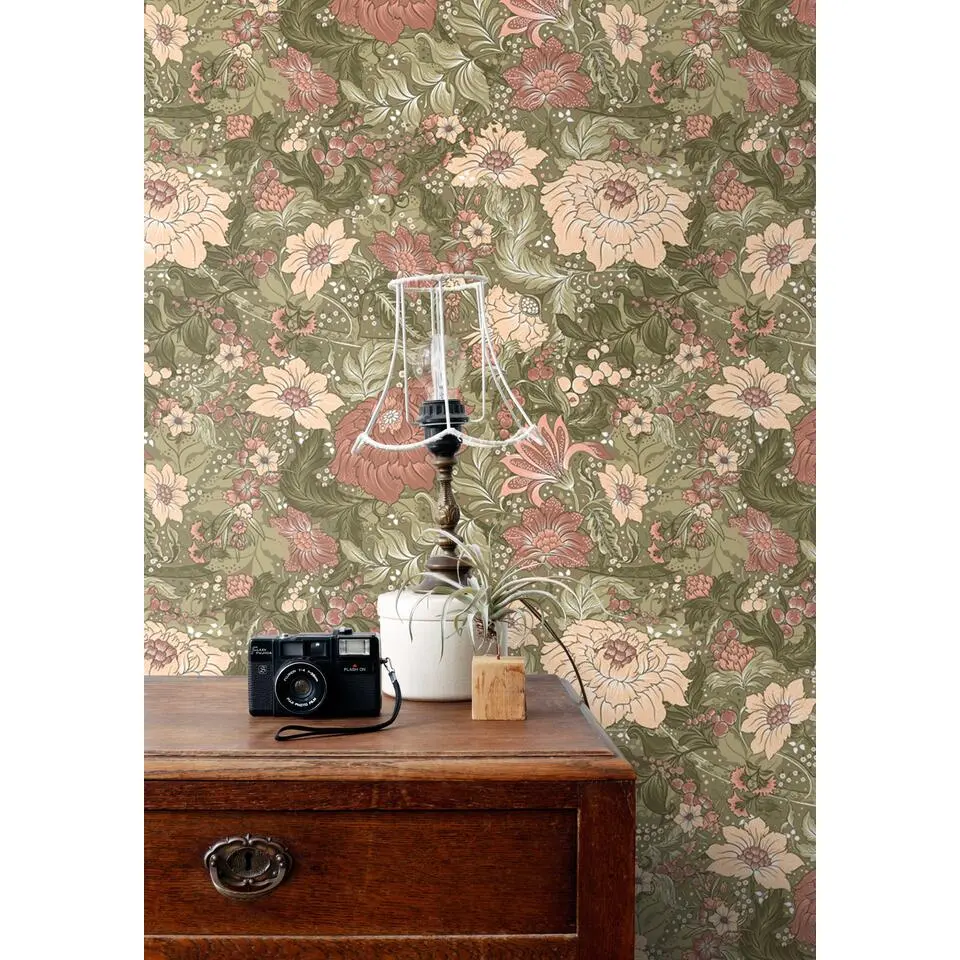 ESTAhome behang vintage bloemen groen en oudroze - 50 x 900 cm