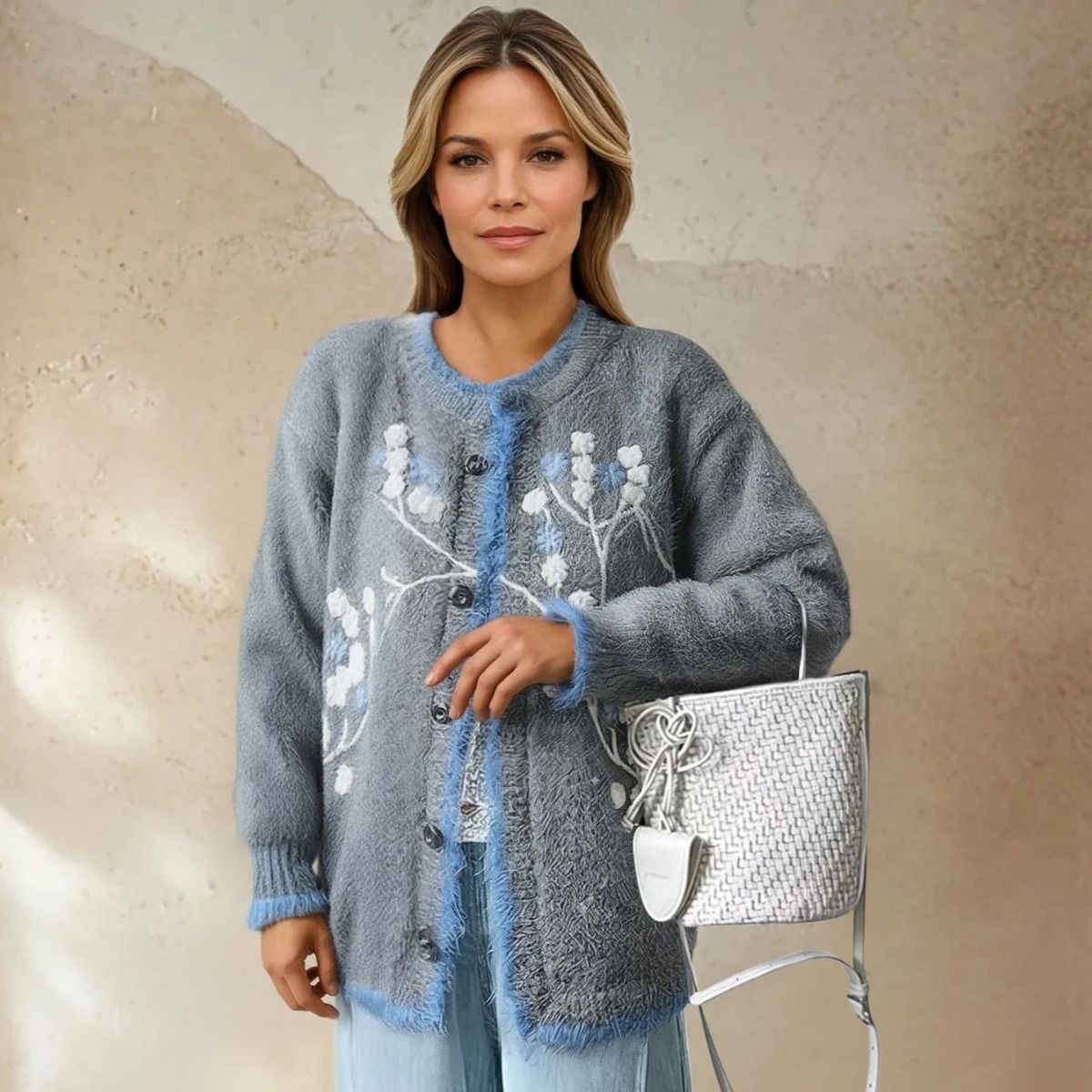 PEACH ACCESSORIES Soft Floral Knit Grey Cardigan