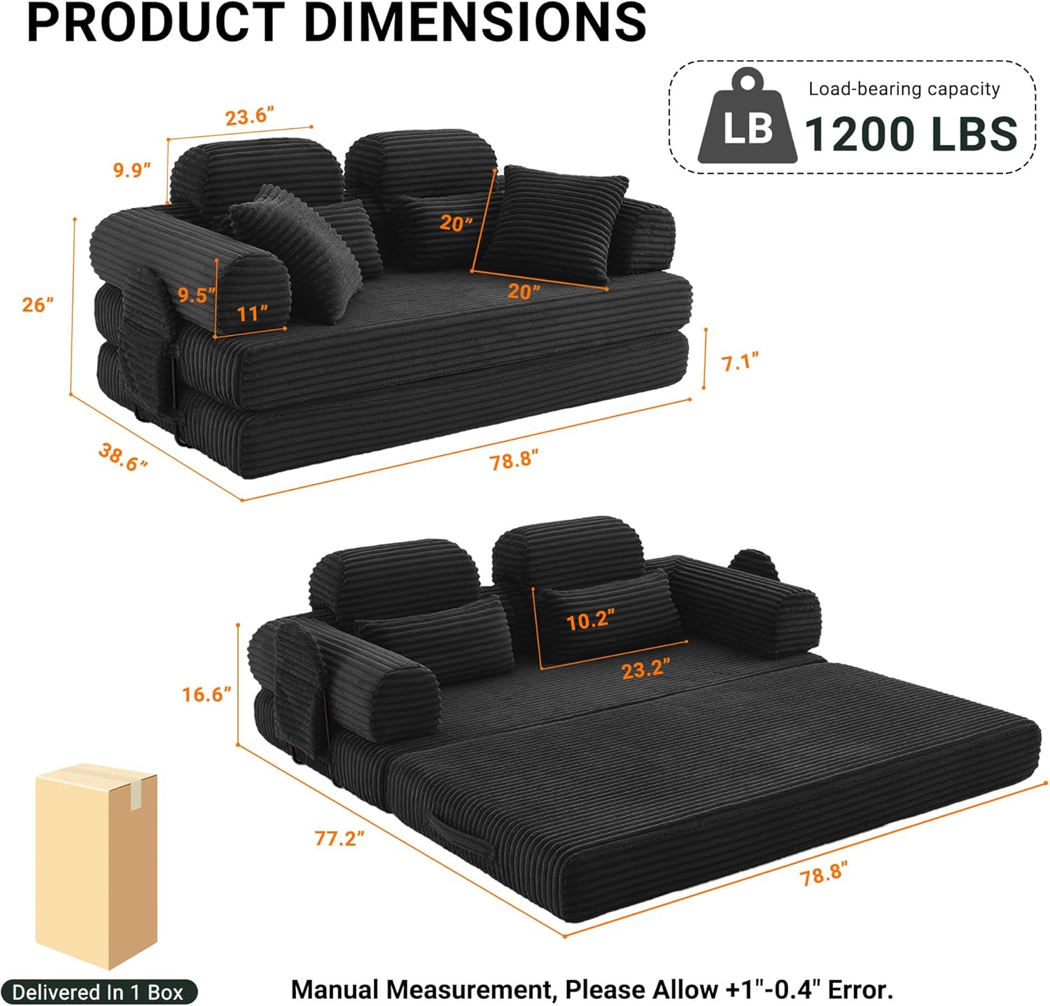 79 Boneless Couch with High Backrest Headrest, Comfy Modular Foldable Floor Sleeper Sofa, 5-in-1 Convertible Sofa Bed for Living Room, Bedroom, Lounge, Studio, Black