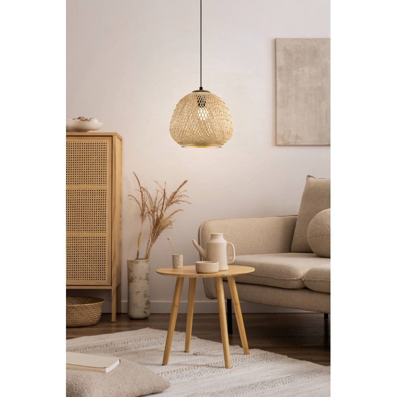 Suspension Dembleby noire et bois naturel Ø 32 cm E27 40 W EGLO