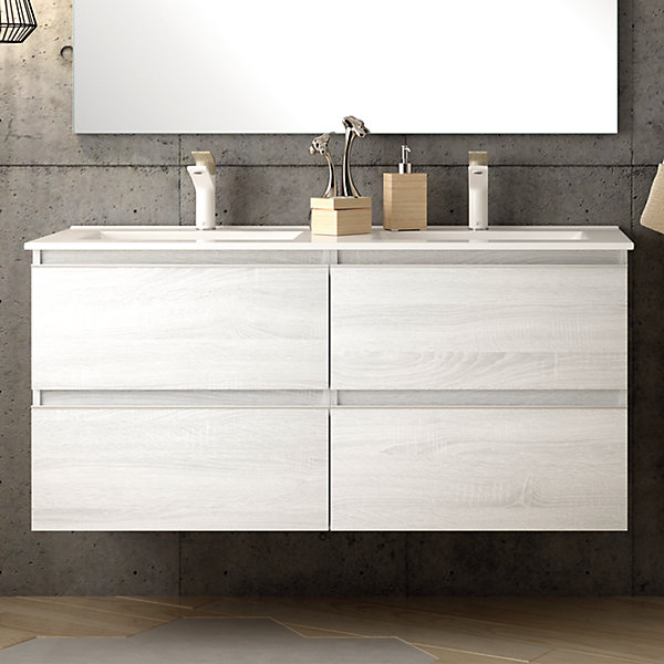 Ensemble meuble de salle de bain 140cm double vasque   colonne de rangement - BALEA - hibernian (bois blanchi)
