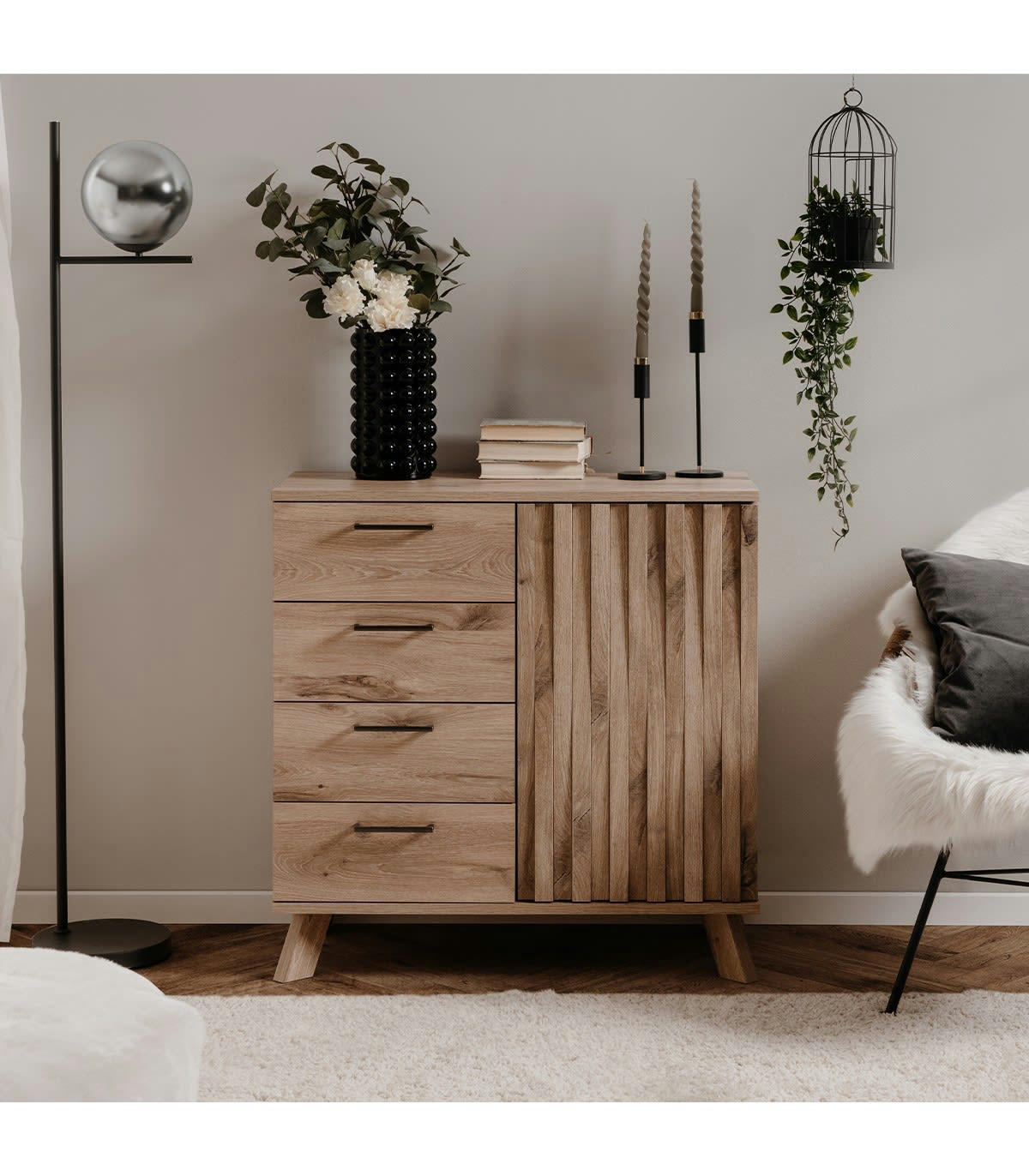 OPOLE - Buffet 4 tiroirs 1 porte effet bois - L85 x H85 cm