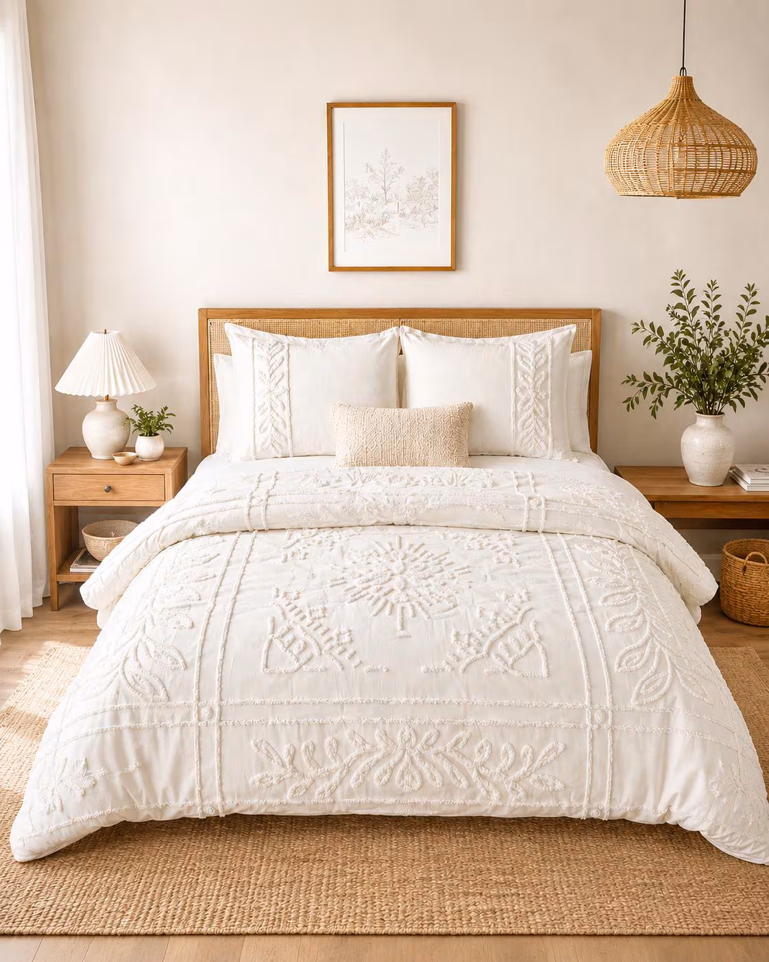 Flower Tufted Duvet Cover | 3 Piece Cotton Bed Cover Set | White / Ivory Bedding Set