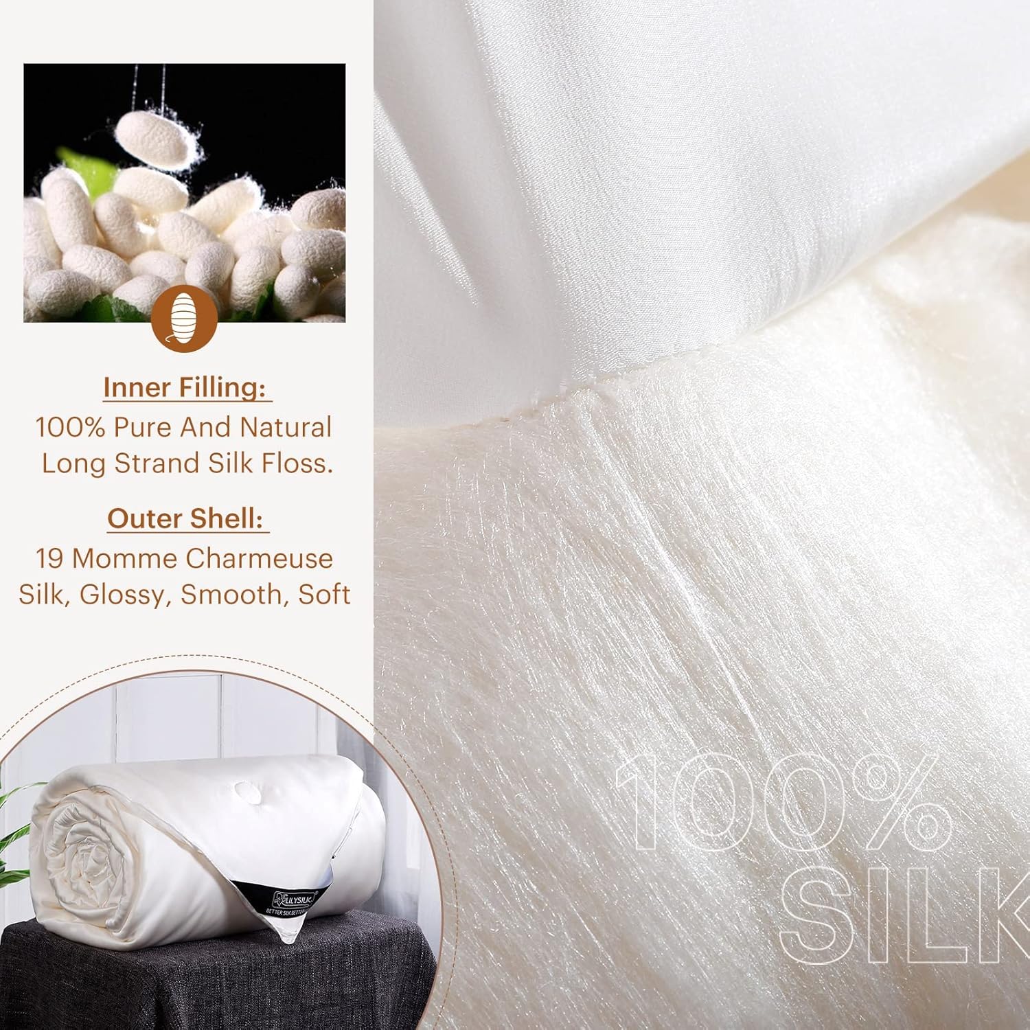 LilySilk All Season 100% Silk Comforter with Silk Shell Duvet, Queen(87x90 Inch,Net Weight:1.75kg)