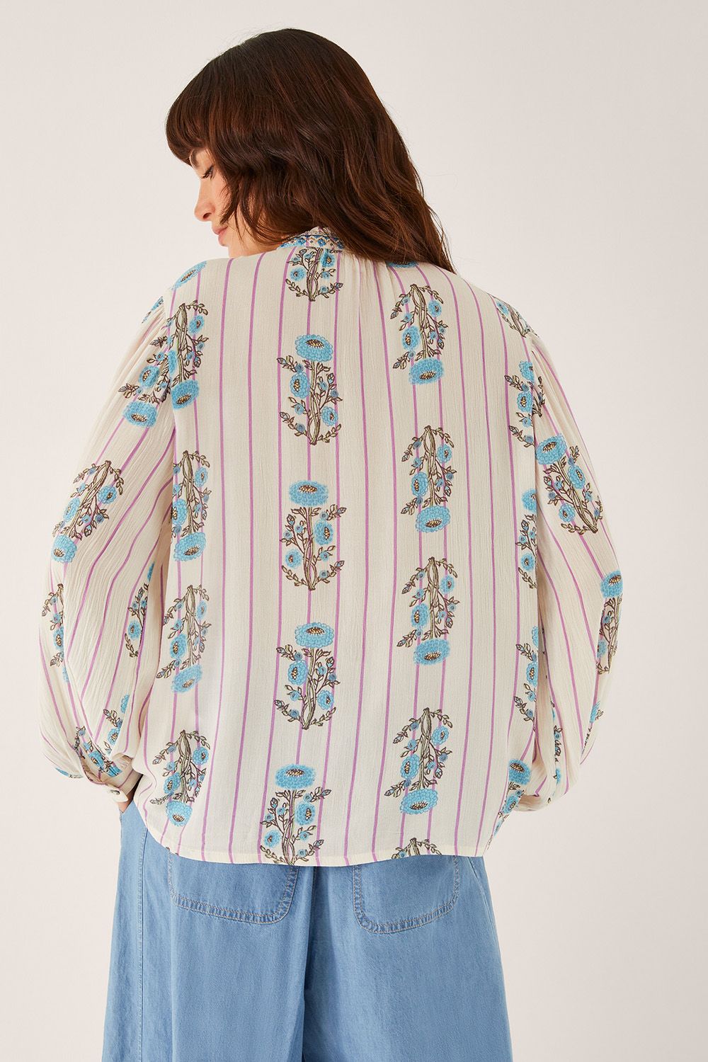 Monsoon Elora Floral Stripe Tie Blouse Ivory