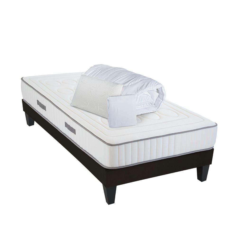 CRISTAL - Ensemble  90x200  Matelas + Sommier Bois + Accessoires