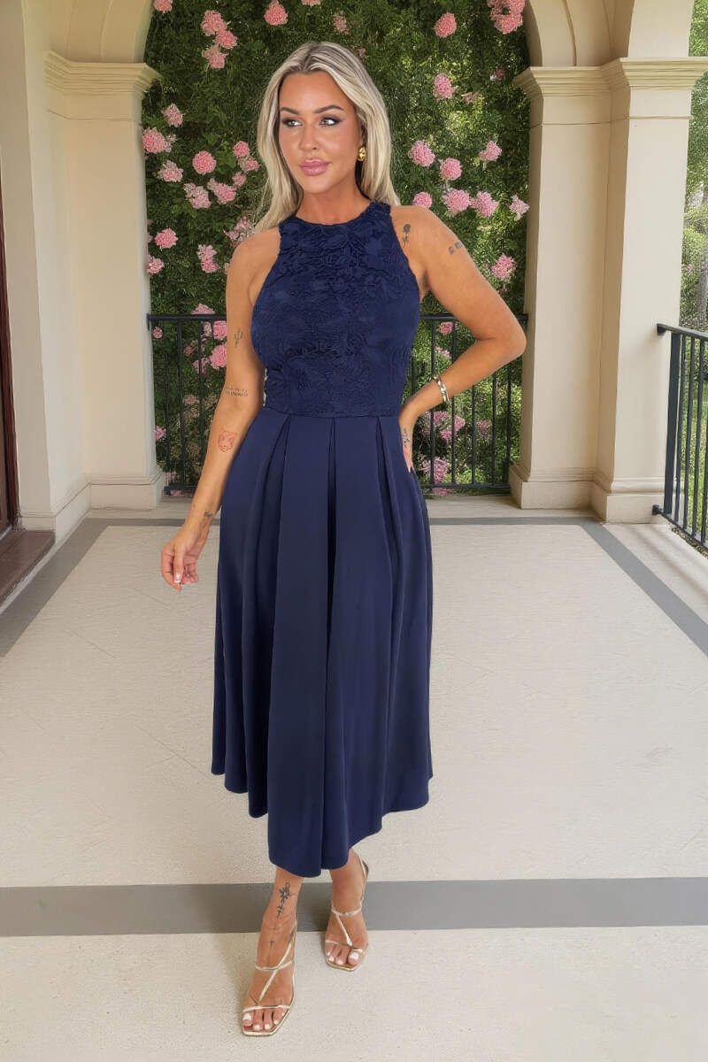 AX Paris Navy Embroidered Top Overlay A-Line Skirt Midi Dress