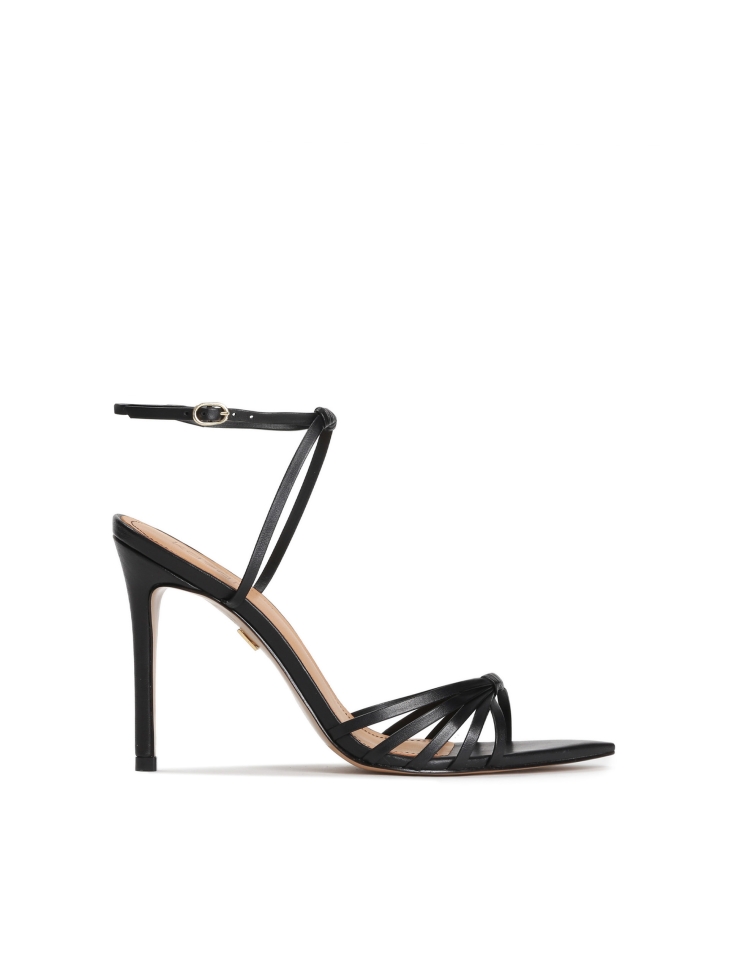 Black leather sandals on a sleek heel
