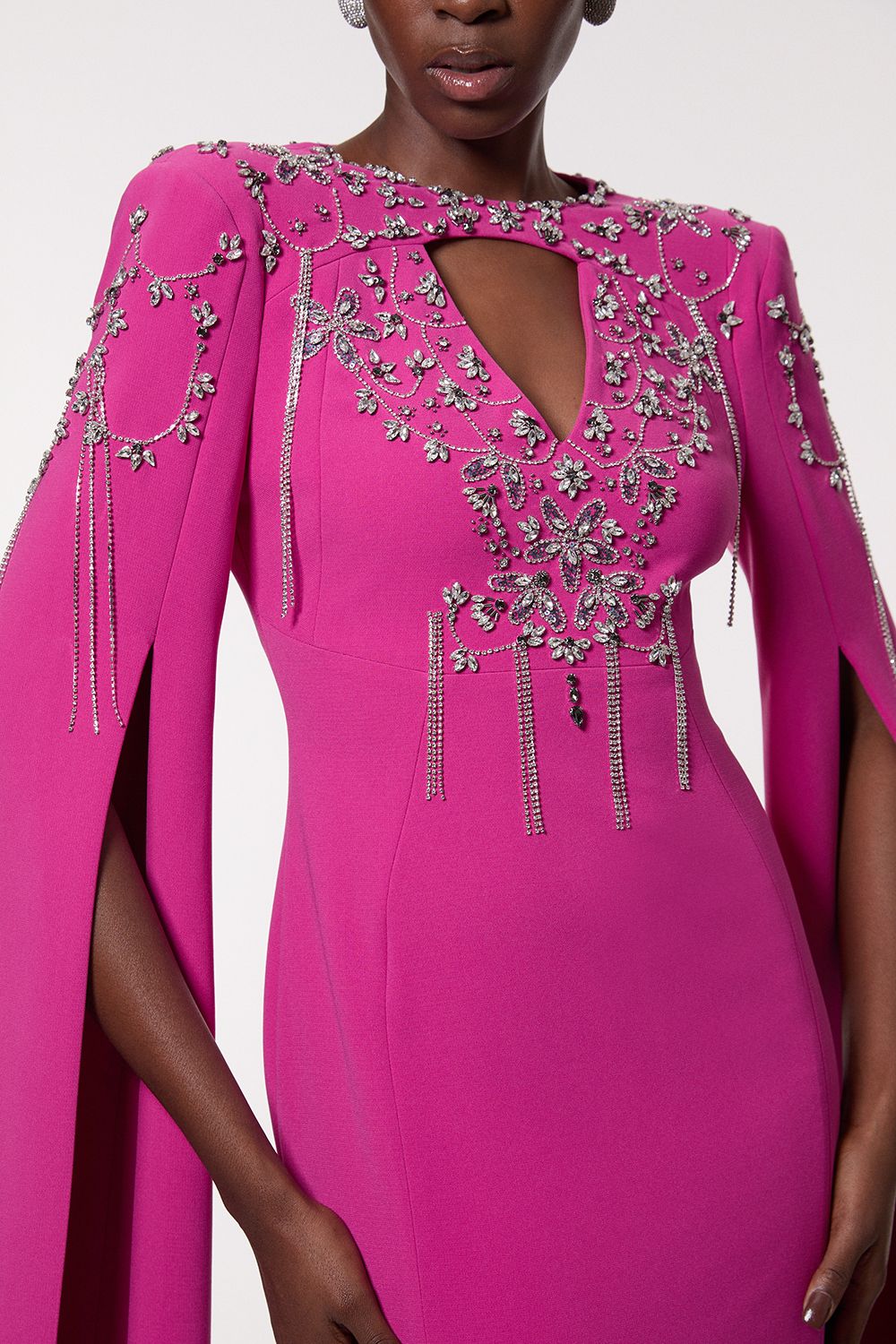 KarenMillen Crystal Embellished Cady Woven Cape Maxi Dress