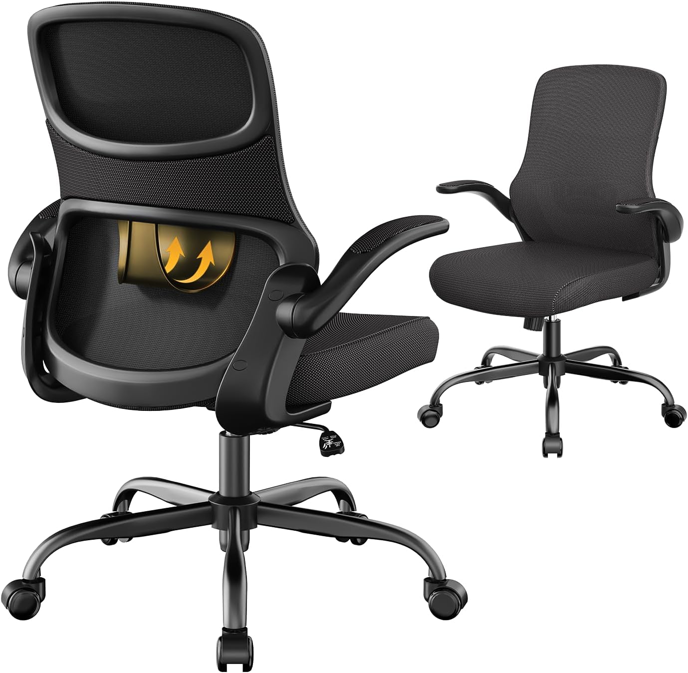 Office Chair, Mesh Ergonomic Desk Chairs, Comfy Computer Gaming Chair with Adjustable Height & Flip-up Armrest, Lumbar Support & Swivel Function for Home Office (Black)